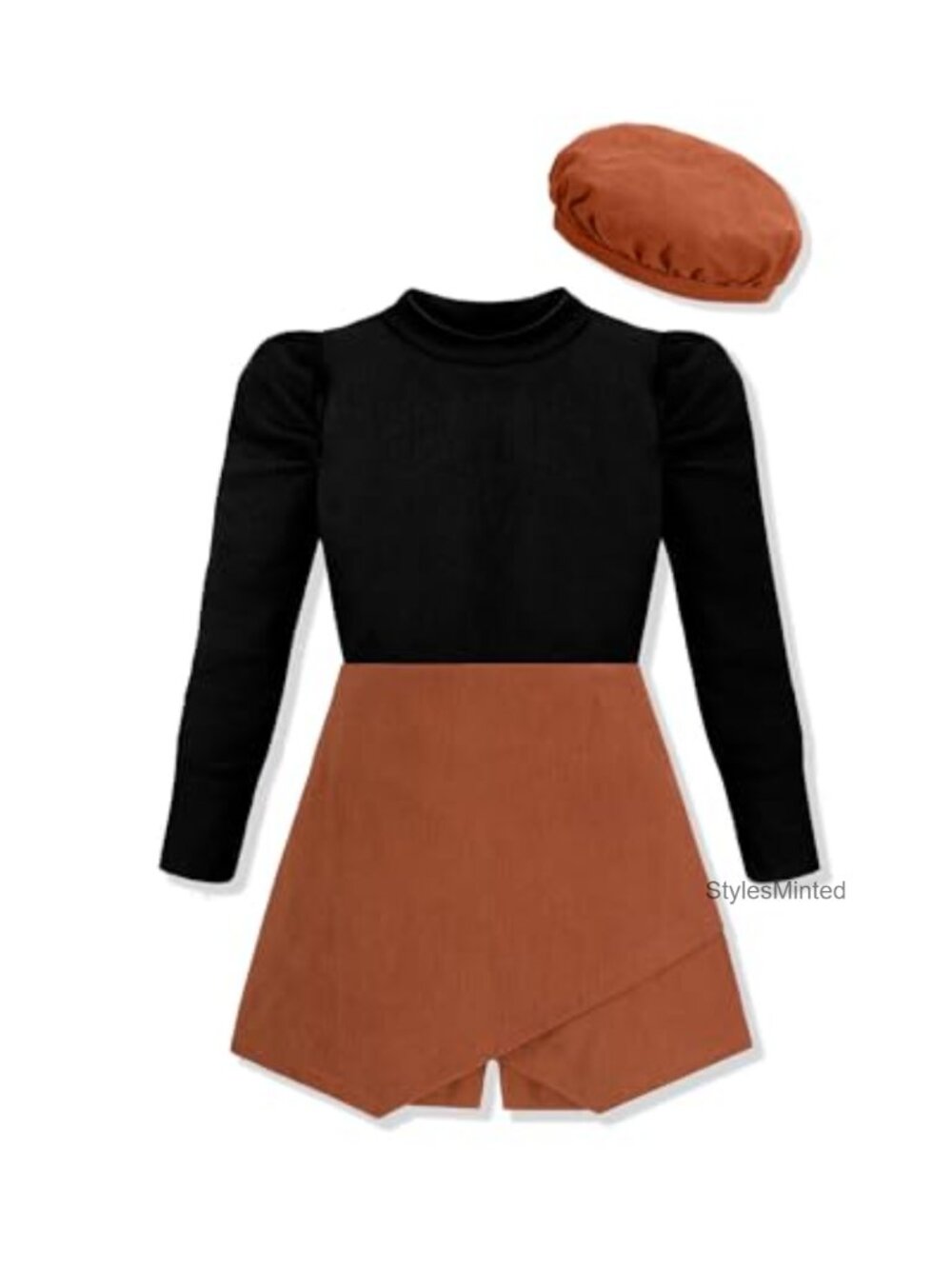Girls 3PC Long Sleeve Shirt Skirt Pants Beret Hat Winter Outfit Set